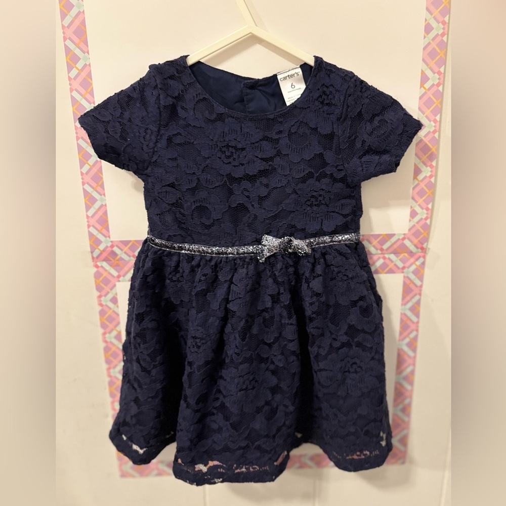 Carter's Navy Lace Dress with Silver Bow